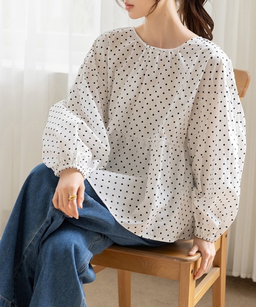 DAY CLOSET(デイ クローゼット)の「【バックリボンで360度きれい魅せ】長袖コットンブロードスモックペプラムブラウス レディース(シャツ/ブラウス・レディース・ブラック/ブラウン/ホワイト/ドット・FREE)」の16枚目の写真