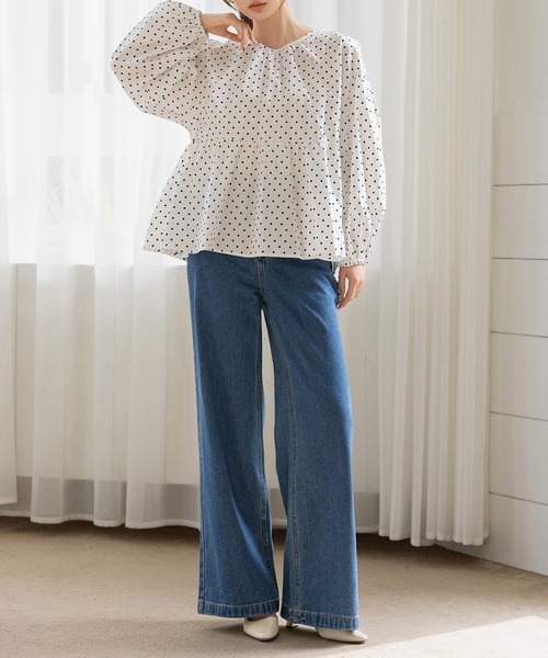 DAY CLOSET(デイ クローゼット)の「【バックリボンで360度きれい魅せ】長袖コットンブロードスモックペプラムブラウス レディース(シャツ/ブラウス・レディース・ブラック/ブラウン/ホワイト/ドット・FREE)」の7枚目の写真