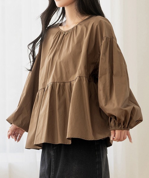 DAY CLOSET(デイ クローゼット)の「【バックリボンで360度きれい魅せ】長袖コットンブロードスモックペプラムブラウス レディース(シャツ/ブラウス・レディース・ブラック/ブラウン/ホワイト/ドット・FREE)」の9枚目の写真