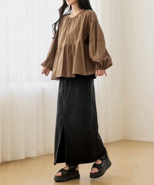 DAY CLOSET(デイ クローゼット)の「【バックリボンで360度きれい魅せ】長袖コットンブロードスモックペプラムブラウス レディース(シャツ/ブラウス・レディース・ブラック/ブラウン/ホワイト/ドット・FREE)」の5枚目の写真