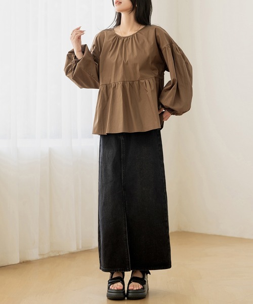 DAY CLOSET(デイ クローゼット)の「【バックリボンで360度きれい魅せ】長袖コットンブロードスモックペプラムブラウス レディース(シャツ/ブラウス・レディース・ブラック/ブラウン/ホワイト/ドット・FREE)」の20枚目の写真