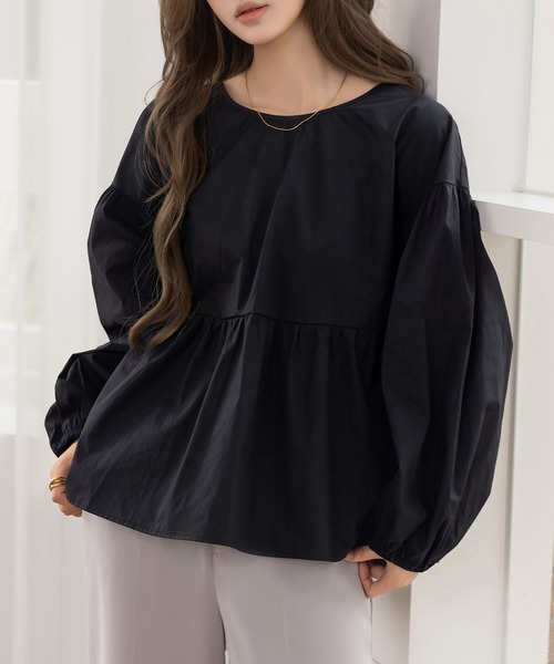 DAY CLOSET(デイ クローゼット)の「【バックリボンで360度きれい魅せ】長袖コットンブロードスモックペプラムブラウス レディース(シャツ/ブラウス・レディース・ブラック/ブラウン/ホワイト/ドット・FREE)」の6枚目の写真