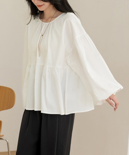 DAY CLOSET(デイ クローゼット)の「【バックリボンで360度きれい魅せ】長袖コットンブロードスモックペプラムブラウス レディース(シャツ/ブラウス・レディース・ブラック/ブラウン/ホワイト/ドット・FREE)」の14枚目の写真