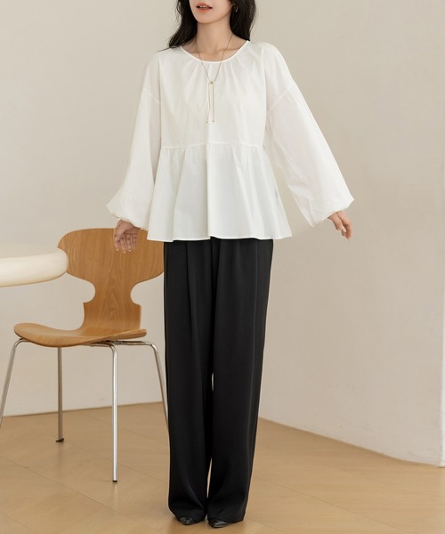 DAY CLOSET(デイ クローゼット)の「【バックリボンで360度きれい魅せ】長袖コットンブロードスモックペプラムブラウス レディース(シャツ/ブラウス・レディース・ブラック/ブラウン/ホワイト/ドット・FREE)」の10枚目の写真