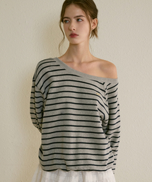LETTER FROM MOON（レターフロムムーン）の「Edin Off-Shoulder Striped Sweatshirt (Melange Grey)（スウェット）」