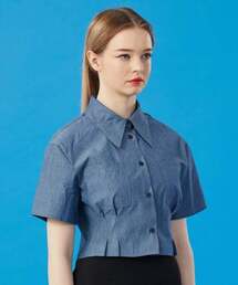 WOMEN クロップスリム ブルー デニム 半袖シャツ [BLUE] クロップティ 半袖