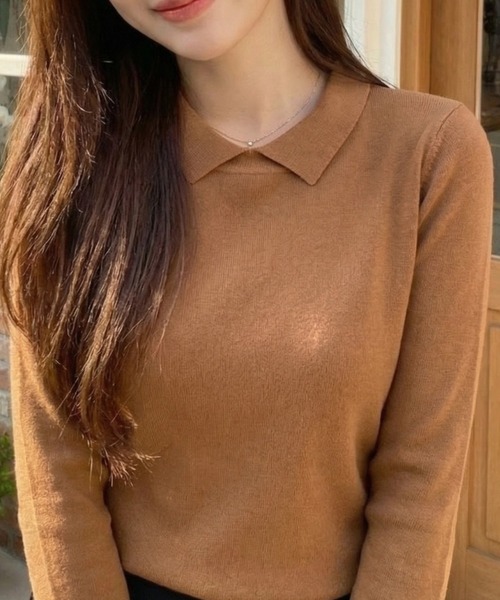 cammie(キャミー)の「襟付きシンプルトップス(ニット/セーター・レディース・キャメル/アイボリー/ブラック/グレー・M/L)」の4枚目の写真