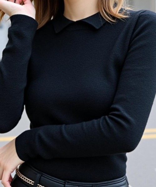 cammie(キャミー)の「襟付きシンプルトップス(ニット/セーター・レディース・キャメル/アイボリー/ブラック/グレー・M/L)」の2枚目の写真