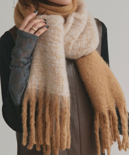 セール】バイカラー 大判フリンジマフラー（マフラー）｜ad thie