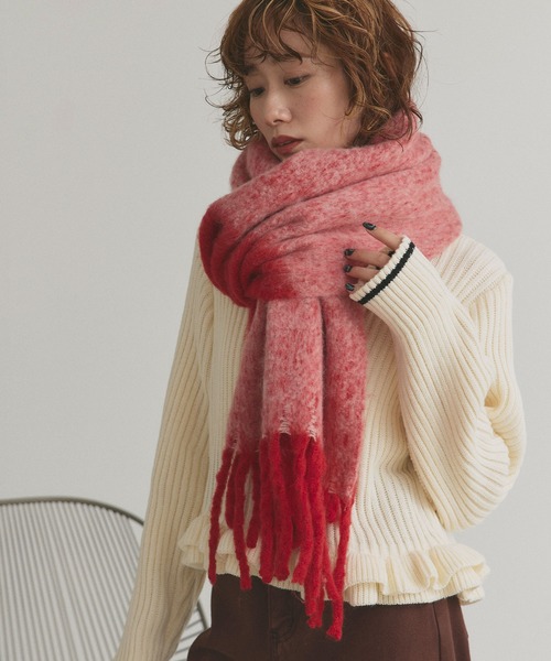 バーガンディ フリンジ付きマフラー セール】バイカラー 大判フリンジマフラー（マフラー）｜ad thie
