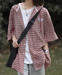【26年春夏新作】オーバーサイズタグデザインチェックフーディシャツ