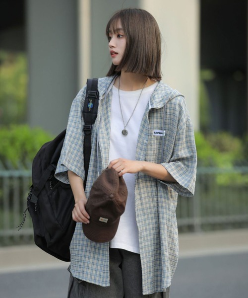 SHEPP(シープ)の「【26年春夏新作】オーバーサイズタグデザインチェックフーディシャツ(シャツ/ブラウス・レディース・レッド/ブルー・L/M)」の10枚目の写真