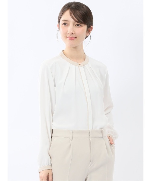 m.f.editorial（エムエフエディトリアル）の「【前開き シフォン】バンドカラー配色 比翼 長袖 ブラウス（シャツ/ブラウス・レディース・ライトグレー/アイボリー・MEDIUM/LARGE）」の2枚目の写真