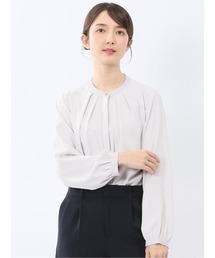 【前開き シフォン】バンドカラー配色 比翼 長袖 ブラウス