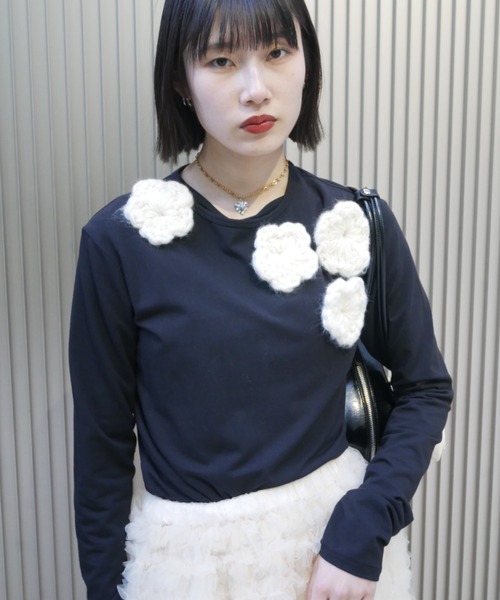 HONEY MI HONEY（ハニーミーハニー）の「flower long t-shirt（Tシャツ/カットソー・レディース・サックスブルー/ブラック/ホワイト/グレー・FREE）」の3枚目の写真