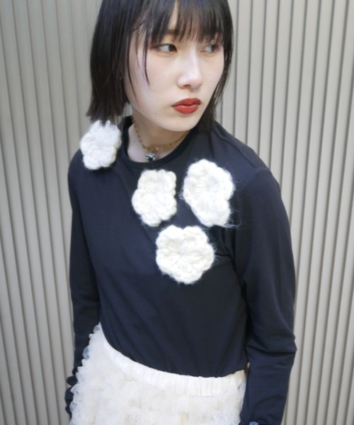 HONEY MI HONEY（ハニーミーハニー）の「flower long t-shirt（Tシャツ/カットソー・レディース・サックスブルー/ブラック/ホワイト/グレー・FREE）」の10枚目の写真