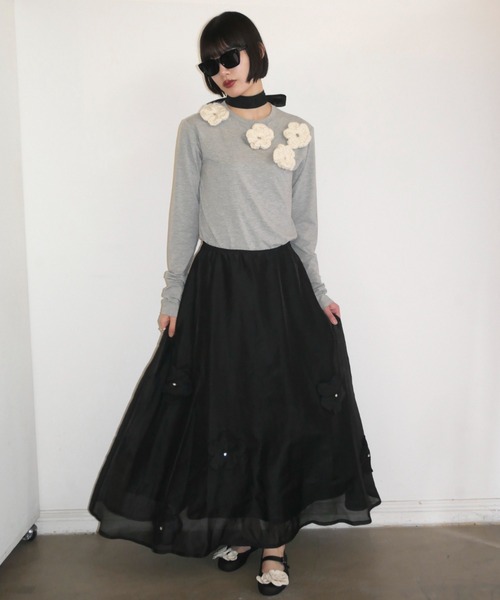 HONEY MI HONEY（ハニーミーハニー）の「flower long t-shirt（Tシャツ/カットソー・レディース・サックスブルー/ブラック/ホワイト/グレー・FREE）」の6枚目の写真