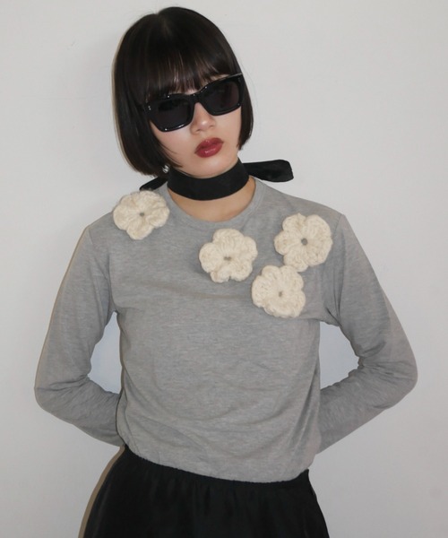 HONEY MI HONEY（ハニーミーハニー）の「flower long t-shirt（Tシャツ/カットソー・レディース・サックスブルー/ブラック/ホワイト/グレー・FREE）」の5枚目の写真
