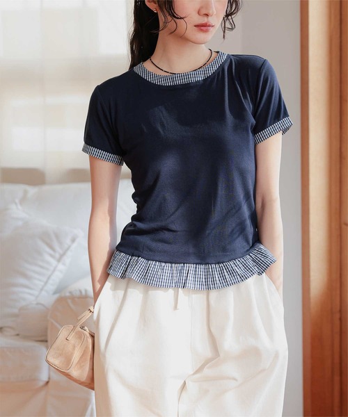 セール】異素材ドッキング半袖トップス（Tシャツ/カットソー）｜miette