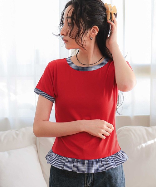 miette(ミエット)の「異素材ドッキング半袖トップス(Tシャツ/カットソー・レディース・ホワイト/レッド/ネイビー/ブラック・S/L/M)」の4枚目の写真
