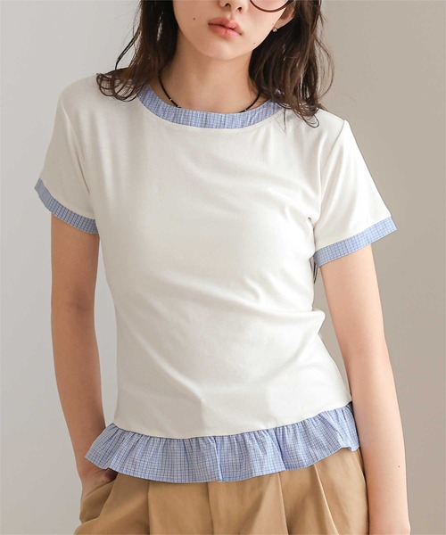 miette(ミエット)の「異素材ドッキング半袖トップス(Tシャツ/カットソー・レディース・ホワイト/レッド/ネイビー/ブラック・S/L/M)」の2枚目の写真