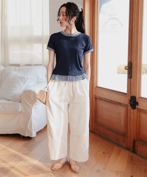 miette(ミエット)の「異素材ドッキング半袖トップス(Tシャツ/カットソー・レディース・ホワイト/レッド/ネイビー/ブラック・S/L/M)」の12枚目の写真
