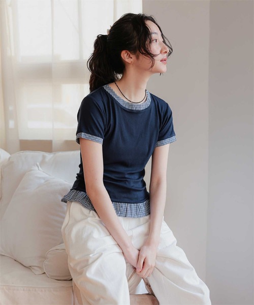 miette(ミエット)の「異素材ドッキング半袖トップス(Tシャツ/カットソー・レディース・ホワイト/レッド/ネイビー/ブラック・S/L/M)」の14枚目の写真