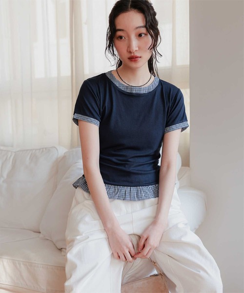 miette(ミエット)の「異素材ドッキング半袖トップス(Tシャツ/カットソー・レディース・ホワイト/レッド/ネイビー/ブラック・S/L/M)」の15枚目の写真