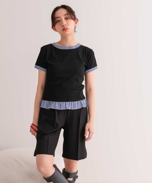 miette(ミエット)の「異素材ドッキング半袖トップス(Tシャツ/カットソー・レディース・ホワイト/レッド/ネイビー/ブラック・S/L/M)」の6枚目の写真