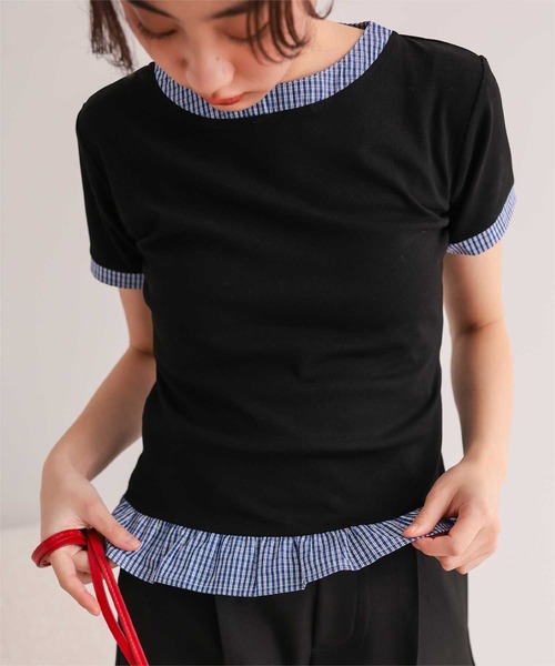 miette(ミエット)の「異素材ドッキング半袖トップス(Tシャツ/カットソー・レディース・ホワイト/レッド/ネイビー/ブラック・S/L/M)」の8枚目の写真