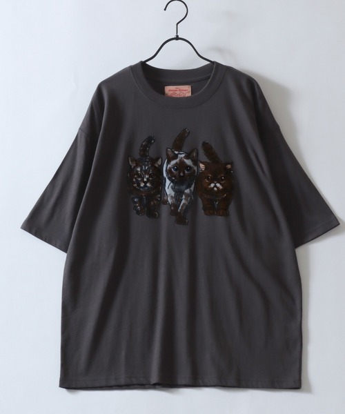 SITRY（シトリー）の「Cat Flock Print T-Shirt/猫 アニマル フロッキープリント 半袖Tシャツ レディース メンズ（Tシャツ/カットソー・メンズ・ブラック/チャコール/ホワイト・M/L/LL）」の8枚目の写真