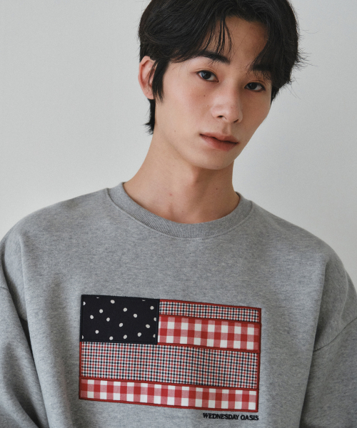 WEDNESDAY OASIS（ウェンズデーオアシス）の「フラッグアプリケスウェットシャツ_MELANGE GRAY(W26TP08)（スウェット・メンズ・ライトグレー・MEDIUM/LARGE）」の4枚目の写真