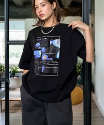 フラワーフォト アート ワイドシルエット 裾ドロスト ストレッチ 半袖Tシャツ