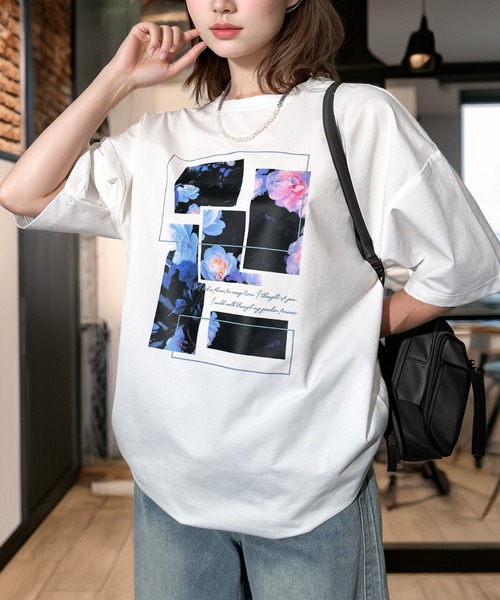 Candlestick（キャンドルスティック）の「フラワーフォト アート ワイドシルエット 裾ドロスト ストレッチ 半袖Tシャツ（Tシャツ/カットソー・レディース・ホワイト/ブラック・M/L）」の12枚目の写真