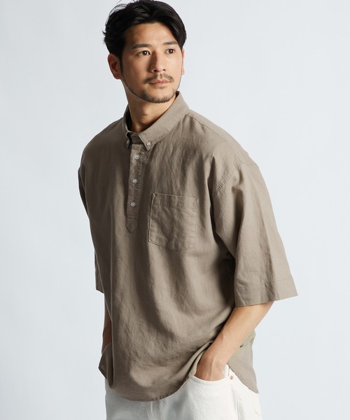 LANVIN en Bleu(ランバンオンブルー)の「コットン/リネン素材 7分袖 ボタンダウン スタンドカラーシャツ(シャツ/ブラウス・メンズ・ネイビー/ブラック/ベージュ・52/50/48/46)」の3枚目の写真