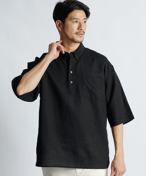 LANVIN en Bleu(ランバンオンブルー)の「コットン/リネン素材 7分袖 ボタンダウン スタンドカラーシャツ(シャツ/ブラウス・メンズ・ネイビー/ブラック/ベージュ・52/50/48/46)」の18枚目の写真