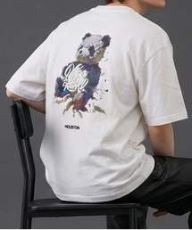 バックアートベアプリント半袖Tシャツ/フロントロゴ カットソー