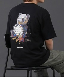 バックアートベアプリント半袖Tシャツ/フロントロゴ カットソー