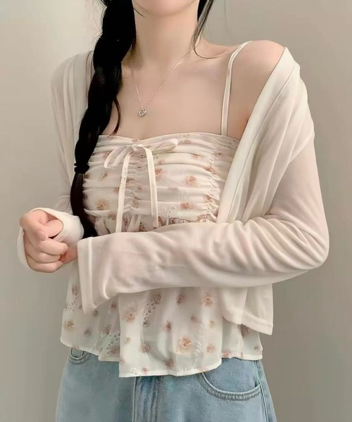STAY MOTION（ステイモーション）の「【WEB限定】花柄キャミアンサンブル［韓国ファッション/ガーリー］（Tシャツ/カットソー・レディース・アイボリー/オフホワイト/ピンク・F）」の2枚目の写真