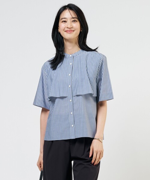 J.PRESS Ladies(J.プレス レディス)の「【一枚で着映え】シルフィーローン ストライプ バンドカラー ブラウス(シャツ/ブラウス・レディース・ベージュ系1/ネイビー系1/サックスブルー系1・XS)」の2枚目の写真