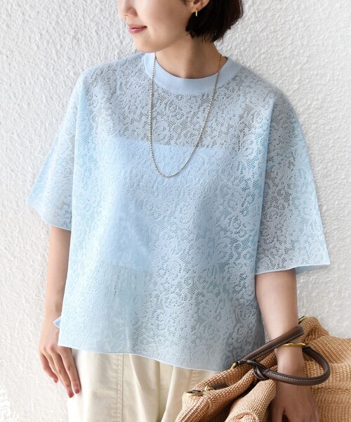 SHIPS(シップス)の「〈手洗い可能〉レース ジャカード ショートスリーブ カットソー(Tシャツ/カットソー・レディース・ブラウン/ライトブルー/オフホワイト・ONE SIZE)」の10枚目の写真