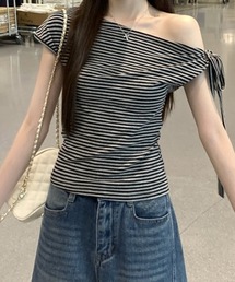 ワンショルダー 配色ストライプ リボン付き 半袖Tシャツ
