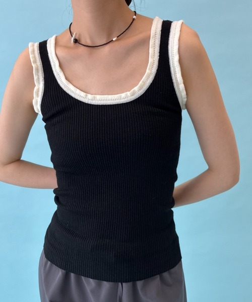 FUULLY STUDIO(フーリィーステューディオ)の「バイカラーフリルニットタンクトップ(タンクトップ・レディース・グレー/ホワイト/ブラック・FREE)」の2枚目の写真