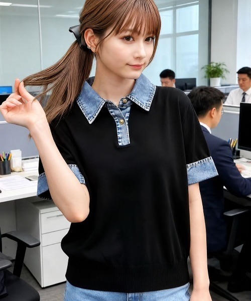 Lips（リップス）の「デニム切替でこなれ感アップ！大人カジュアルな異素材ドッキングトップス（ニット/セーター・レディース・ブラック/ベージュ/グレー・FREE）」の4枚目の写真