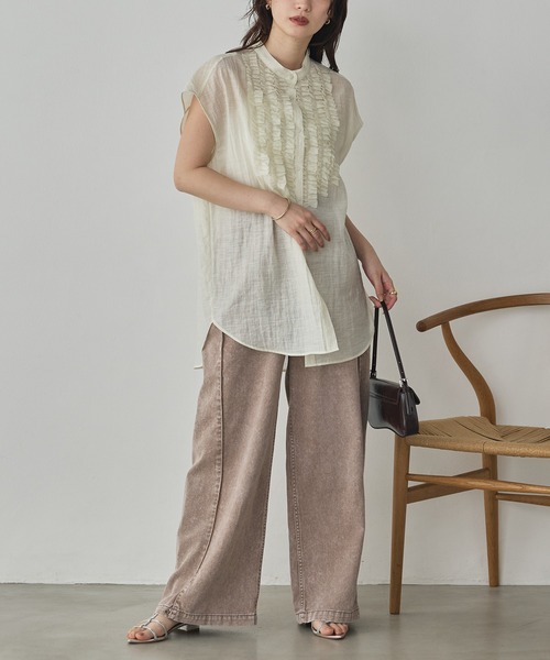 hunch（ハンチ）の「ハイツイストスラブ フレンチスリーブフリルブラウス（シャツ/ブラウス・レディース・ブルー/チャコール/オフホワイト・FREE）」の14枚目の写真