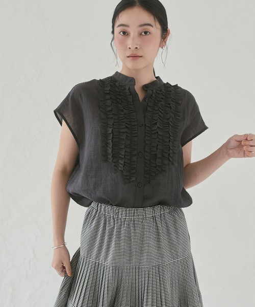 hunch（ハンチ）の「ハイツイストスラブ フレンチスリーブフリルブラウス（シャツ/ブラウス・レディース・ブルー/チャコール/オフホワイト・FREE）」の16枚目の写真