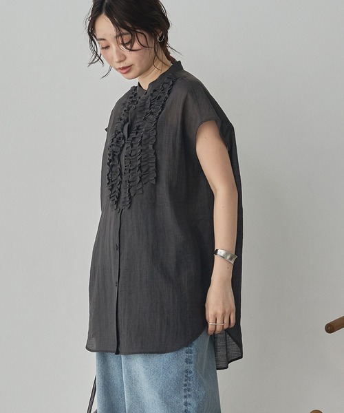 hunch（ハンチ）の「ハイツイストスラブ フレンチスリーブフリルブラウス（シャツ/ブラウス・レディース・ブルー/チャコール/オフホワイト・FREE）」の20枚目の写真