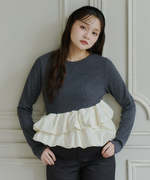 Olu.(オルドット)の「アシンメトリーダブルバルーンカットソー(Tシャツ/カットソー・レディース・ドット/チャコールグレー・FREE)」の2枚目の写真