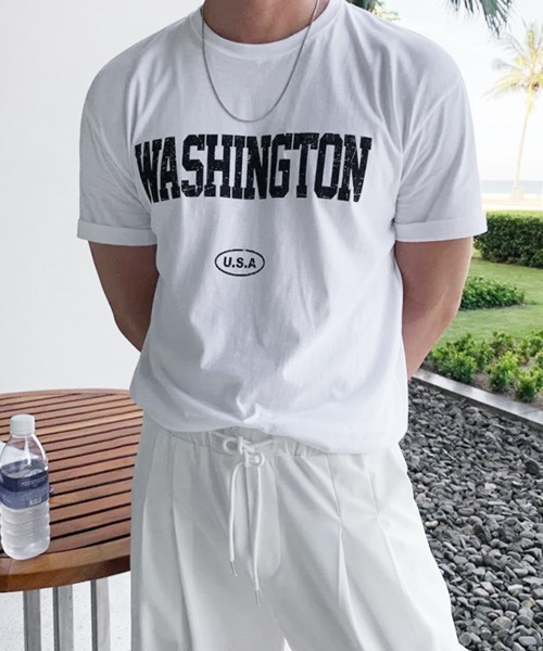NOWLE(ノウル)の「【NOWLE】ヴィンテージライク カレッジロゴ 半袖Tシャツ / クラッシュプリント アメカジ ワシントン トップス(Tシャツ/カットソー・メンズ・ホワイト・MEDIUM/LARGE/X-LARGE)」の2枚目の写真
