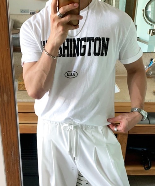 NOWLE(ノウル)の「【NOWLE】ヴィンテージライク カレッジロゴ 半袖Tシャツ / クラッシュプリント アメカジ ワシントン トップス(Tシャツ/カットソー・メンズ・ホワイト・MEDIUM/LARGE/X-LARGE)」の4枚目の写真